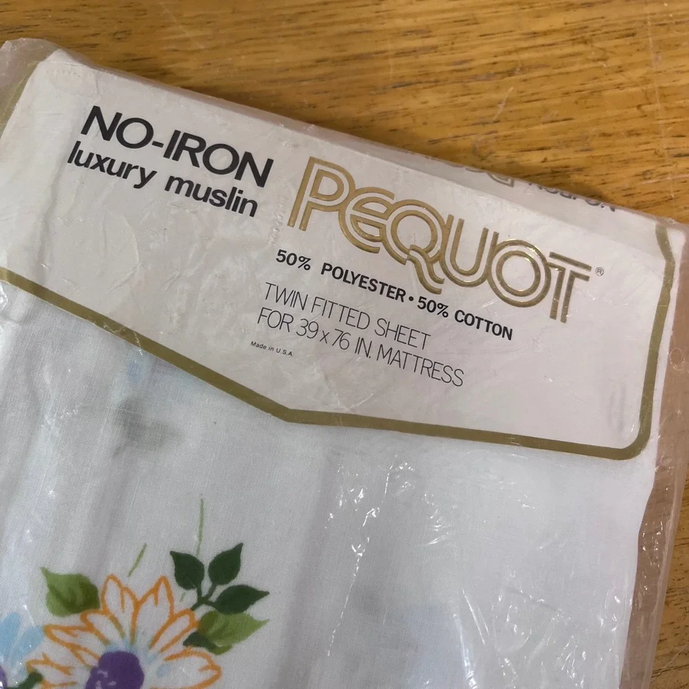 Vtg Pequot Maytime Twin Fitted Sheet Floral Daisy No Iron Muslin Blue Yellow NOS